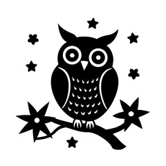 owl perched on a branch with stars and flowers