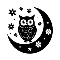 owl sitting on a moon with stars and flowers