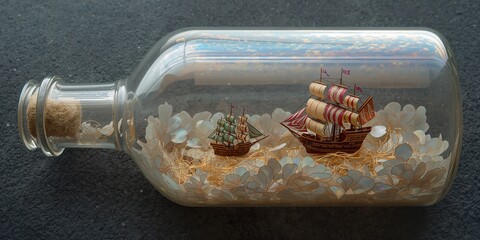 Intricate Miniature Sailing Ships Nestled on Golden Straw and Delicate Paper Flowers Inside a Classic Glass Bottle