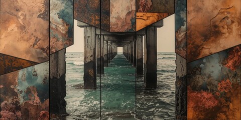 Fragmented Under-Pier Perspective with Textured Panels and Ocean Waves ? A Surreal Coastal Art Composition in Earth Tones