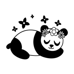 sleeping panda with a flower crown and butterflies.