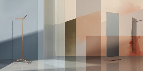 Elegant Architectural Interior with Layered Translucent Panels and Minimalist Copper Coat Rack Amidst Soft Light and Shadows