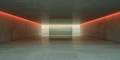 Futuristic concrete hall with vibrant orange light streaks frames a serene digital mountain lake landscape portal, merging modern architecture with nature.