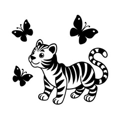 tiger cub playing with butterflies for kids