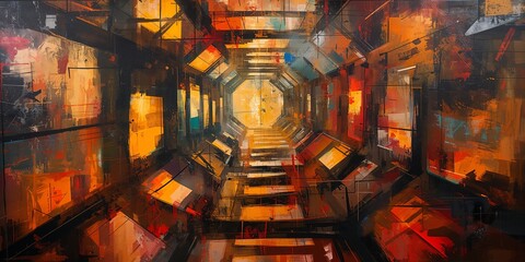 Vibrant abstract painting of a futuristic geometric tunnel with bold brushstrokes and an intense orange-yellow glow, creating a dynamic sci-fi portal.