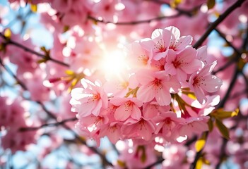 Pink cherry blossoms in full bloom, sunlight filtering through petals,  delicate,   pink flowers