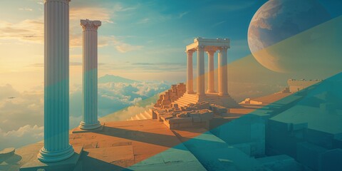 Celestial Ancient Ruins: Greek Columns and Temple Perched Above Clouds with Distant Alien Planet and Geometric Overlay