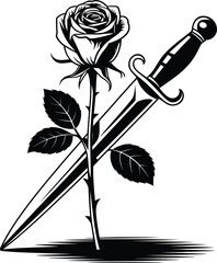 Rose and Dagger Vector, Symbolic Tattoo Illustration.