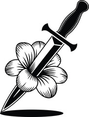 Dagger Piercing Flower Vector, Bold Black and White Tattoo Design.
