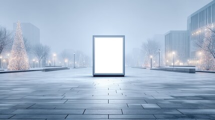 Empty urban plaza featuring a large illuminated mock up display surrounded by frosted trees and modern buildings, creating a serene winter atmosphere with copy space