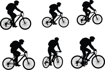 Cyclist silhouette, bicycle rider, helmet backpack, outdoor activity, urban commute, black icon, motion graphic, biking posture, vector illustration, sport design