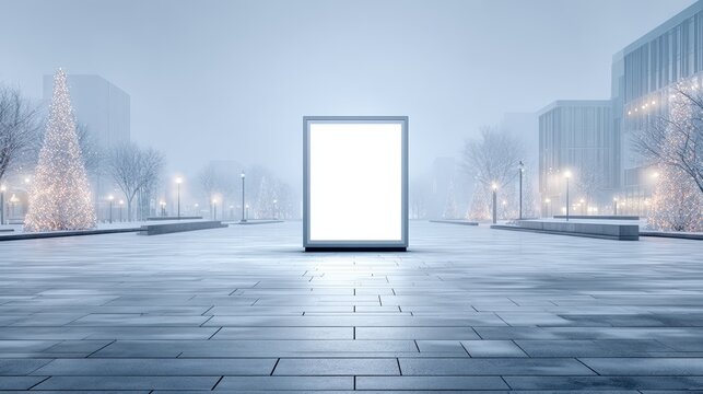Empty urban plaza featuring a large illuminated mock up display surrounded by frosted trees and modern buildings, creating a serene winter atmosphere with copy space