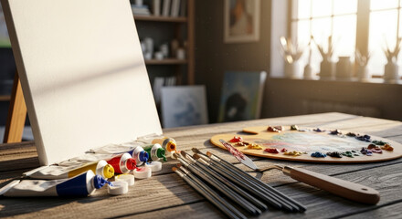 Artist's tools on a sunlit studio table.