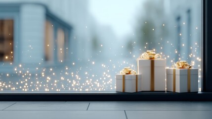 Three elegantly wrapped gift boxes with golden ribbons are placed by a window, surrounded by sparkling lights, creating a festive and inviting atmosphere for celebrations