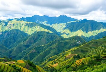 Fototapeta premium Vast mountain range, cascading rice terraces, lush greenery, Bali, clouds