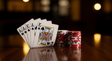 Poker hand and chips on wooden table.