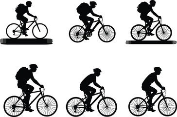 Fototapeta premium Cyclist silhouette, bicycle rider, black shadow, helmet, backpack, motion posture, sports icon, urban commute, vector graphic, fitness, transportation