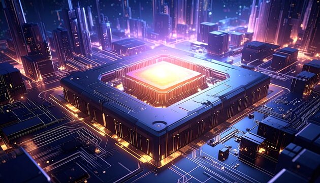 Futuristic cityscape with glowing central processing unit - Powered by Adobe