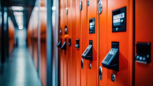 Row of orange lockers in a school hallway