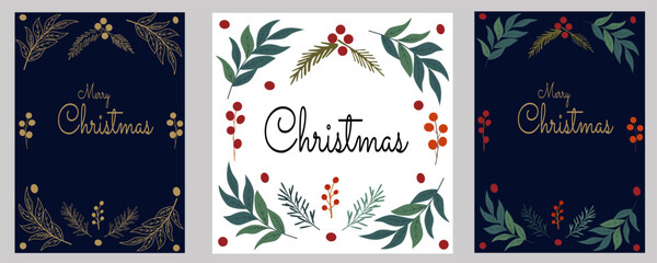 A collection of Christmas and New Year themed postcards. One is made on a dark blue background with gold and beige elements, including twigs, leaves and berries, with the inscription "Merry Christmas"