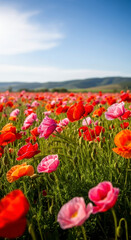 Vibrant poppy field under clear blue sky.