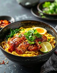 Thai egg noodle with roast duck, elegant composition, modern backdrop, open area