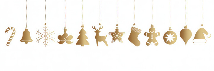 Golden Christmas ornament set hanging including a candy cane bell snowflake and gingerbread man for holiday decoration
