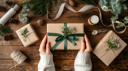 A woman�s hands delicately hold a beautifully wrapped gift adorned with greenery on a rustic wooden table.
