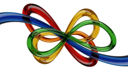 Intertwined Colorful Glass Loops on White Background.
