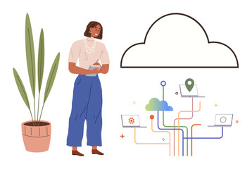 Woman holding notebook near potted plant with large cloud outline and data flow linking icons. Ideal for technology, cloud storage, innovation, connectivity, online platforms, remote work, simple