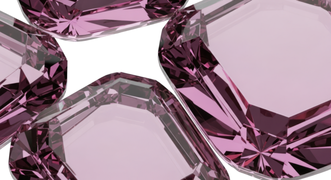 Four Pink Gemstones with Faceted Surfaces and Reflections.