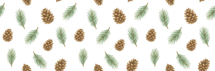 Seamless watercolor pattern with pine cones and fir branches on a transparent background. Winter texture for Christmas and holiday design