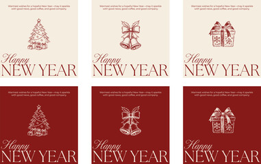 Set of elegant New Year greeting cards with minimalist sketch illustrations — Christmas tree, bells, and gift box. Classic red and beige color palette with festive typography and warm wishes