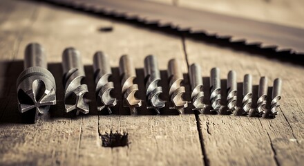 Drill bits on rustic wooden workbench.