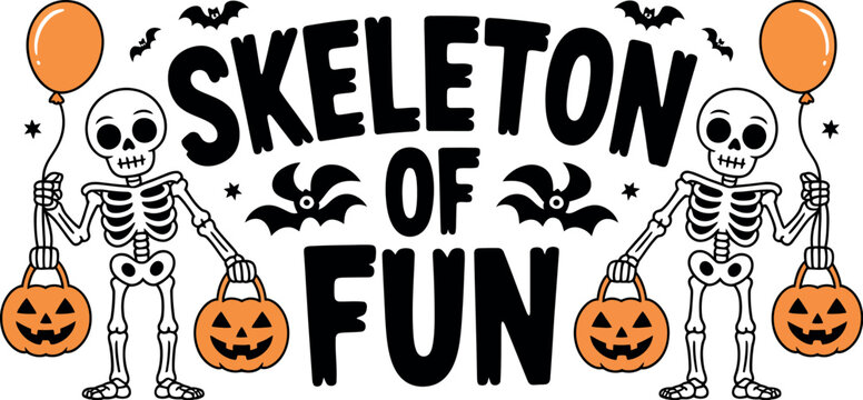 Skeleton of fun text with halloween elements isolated on white background vector illustration