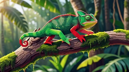 Colorful chameleon on mossy branch in tropical forest sunlight vivid reptile resting - Powered by Adobe