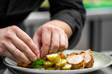 Chef plating sliced pork tenderloin with pickles and parsley on a decorative plate in a professional kitchen. Close-up of hands arranging food with precision and care.