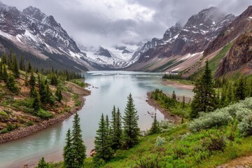 Majestic mountain lake, glacial peaks, evergreen forests, and cloudy sky landscape