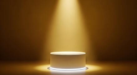 Stunning illuminated podium bathed in warm golden spotlight, perfect for product reveals, awards, or showcasing achievements in a sophisticated presentation setting