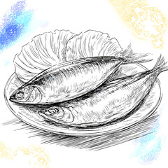 Herring on a plate with garnishing in a detailed black and white illustration style