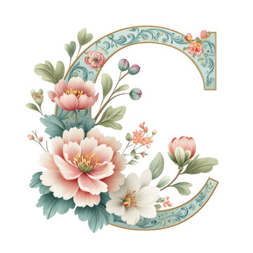 Intricate floral artistry features the elegant letter C in soft pastel hues, embodying a chinoiserie style filled with charm and grace