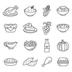 Thanksgiving Food Icons Set, Food Icons Line Art Vector Pack