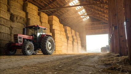 Tractor parked inside a barn with hay bales stacked high on either side