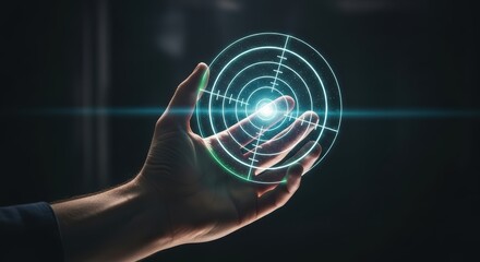 Hand holding glowing digital target reticle with blue light flare human hand crosshairs