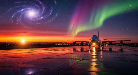 Jumbo jet airplane parked on wet airport runway under colorful aurora borealis and galaxy sky at sunset