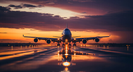 Large airplane on a wet runway reflecting lights during a dramatic sunset aircraft airport