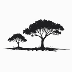 Silhouette of two trees with branches and grass illustration  