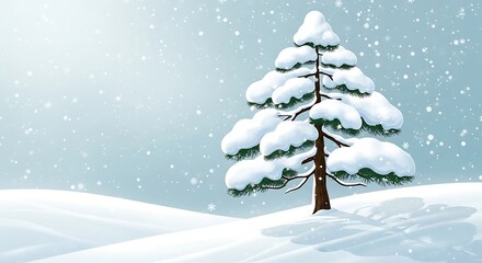 Naklejka premium Snow-covered evergreen tree on winter hill — serene snowfall, peaceful nature, holiday season tranquility