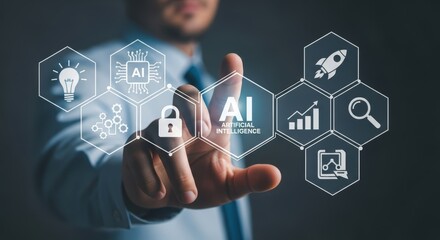 Man touching digital interface with artificial intelligence icons lightbulb lock rocket graph magnifying glass