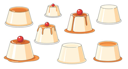 Collection of delicious milk pudding desserts with fruity and caramel toppings